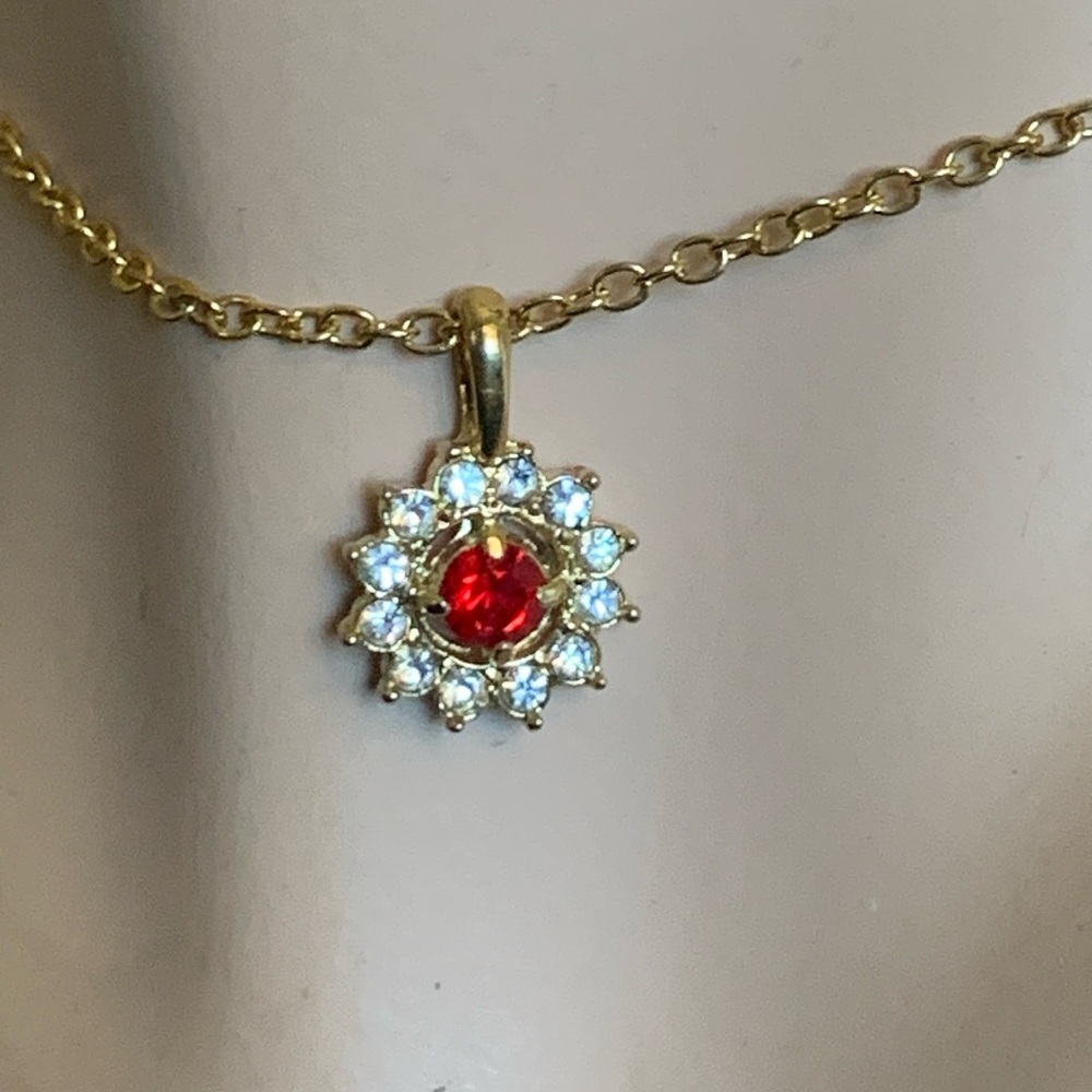 FAUX RUBY AND DIAMANTÉ PENDANT ON GOLDEN CHAIN,JULY BIRTHSTONE
